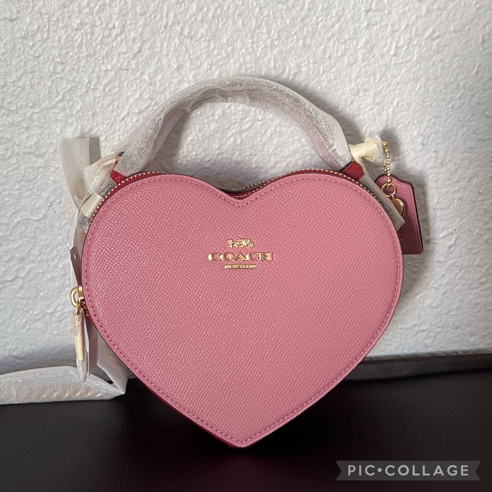 NWT COACH HEART CROSSBODY IN COLORBLOCK LEATHER TOP HANDLE GOLD/TRUE PINK - Picture 12 of 14